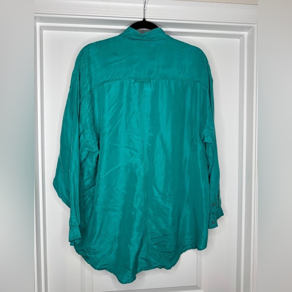 Vintage Croquet Club Women’s Teal 100% Silk Button Down / Button Up Blouse, Sz M - Picture 5 of 6